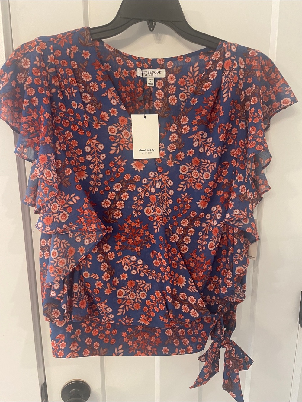 NWT Liverpool Navy Floral Wrap Blouse with Ruffle Sleeves